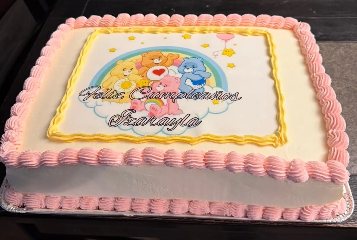 Care Bears birthday sheet cake with a rainbow edible image and pink shell borders
