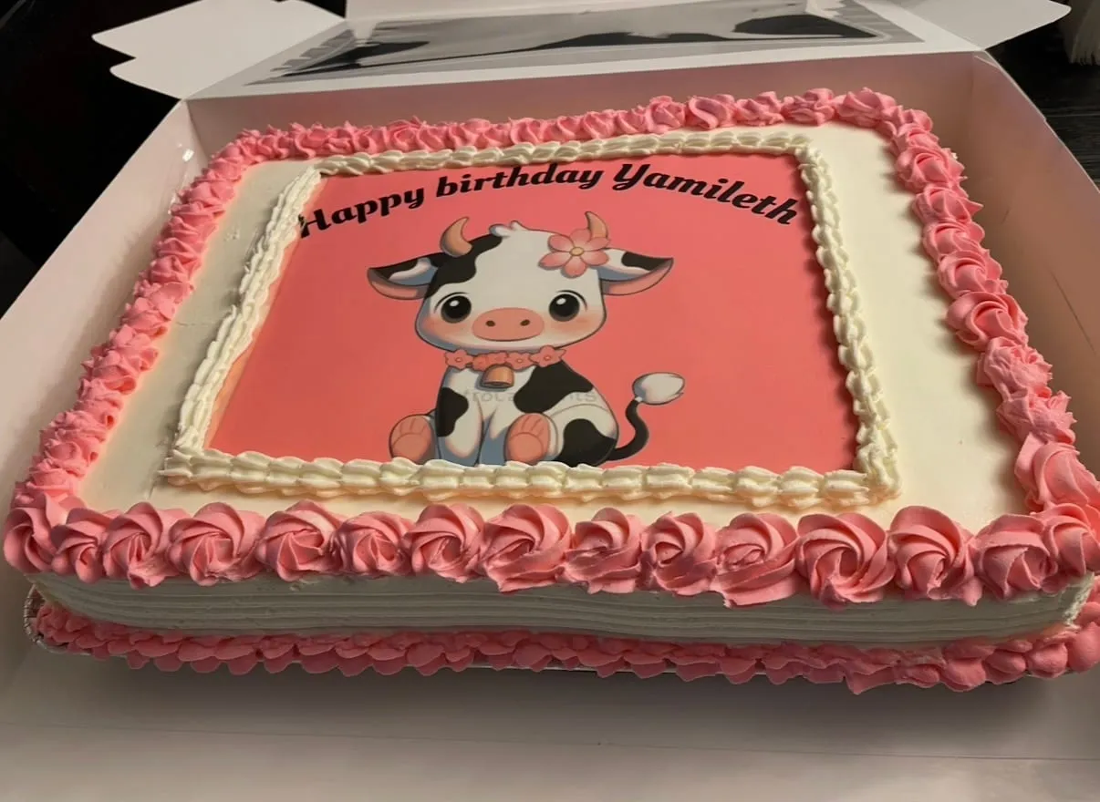 Farm-themed birthday sheet cake with a cartoon cow edible image and pink rosette borders